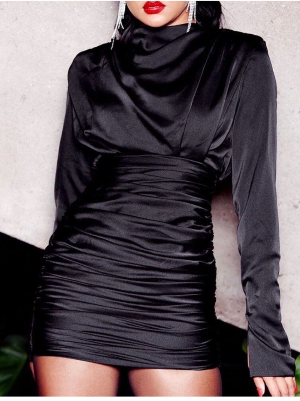 House of CB Black Satin Ruched Mini Dress